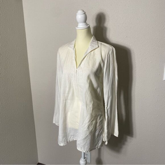 Promod White Linen Embroidered Long Bell Sleeve Top Tunic Women's Size Medium - Picture 8 of 16